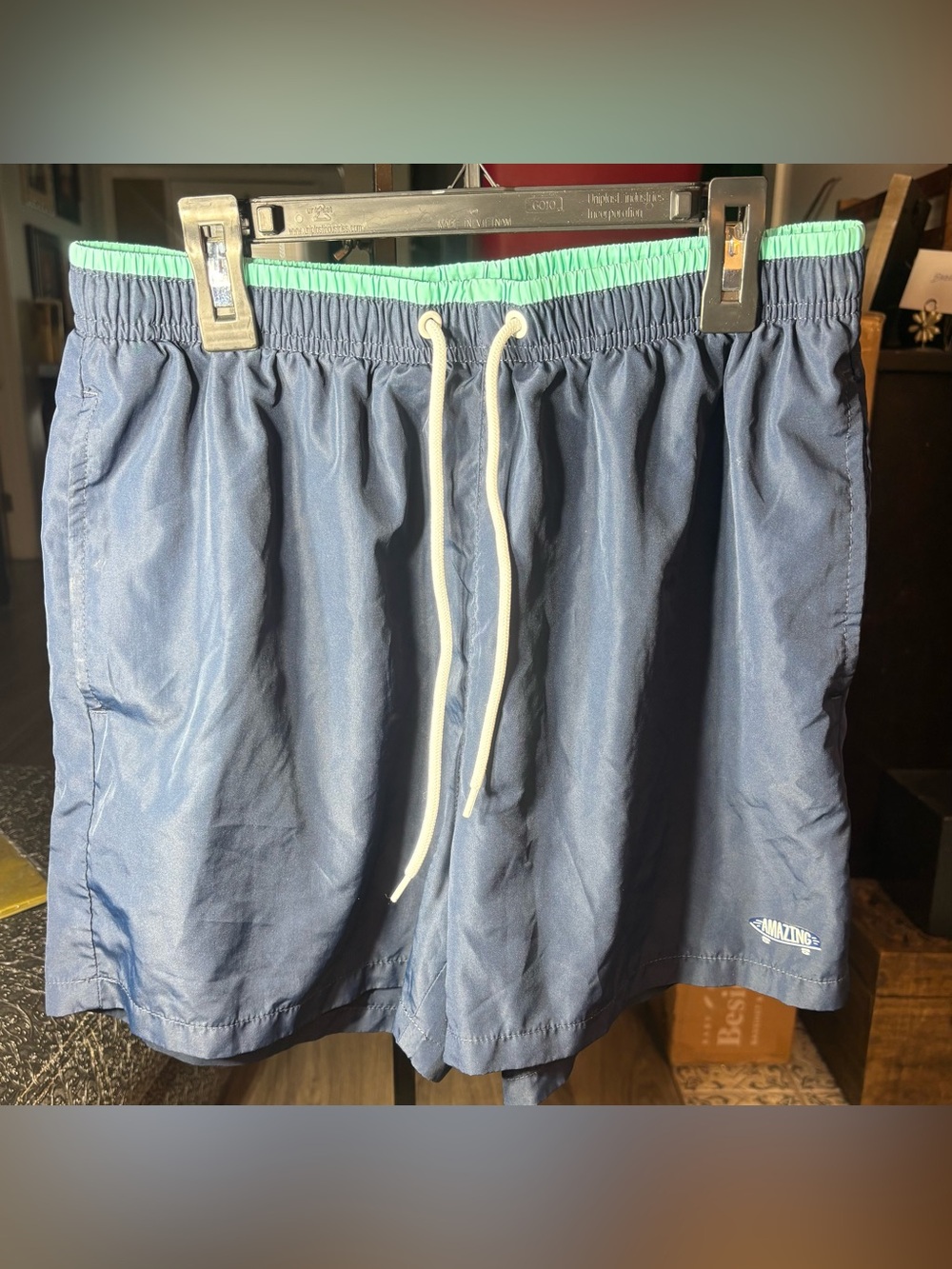 SHEIN Navy Swim Trunks with Mint Waistband Men Size Small EPC